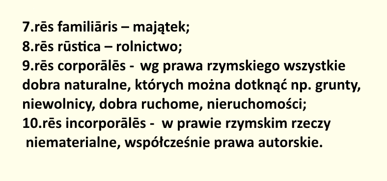 Jasne, kremowe tło. U góry po lewej czarny tekst w formie numerowanej listy (7–10). W punktach występują łacińskie hasła „rēs familiāris”, „rēs rūstica”, „rēs corporālēs”, „rēs incorporālēs” oraz polskie objaśnienia „majątek”, „rolnictwo”, definicja dóbr materialnych w prawie rzymskim z przykładami, oraz definicja rzeczy niematerialnych z odniesieniem do praw autorskich.