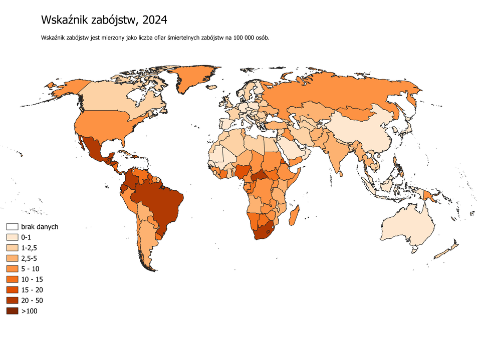 Mapa świata przedstawia wskaźnik zabójstw w 2024 roku. Jest mierzony jako liczba ofiar śmiertelnych zabójstw na 100 000 osób. Wskaźnik pomiędzy 15 a 20 zgonów dotyczy Meksyku, Brazylii, Kolumbii, Wenezueli, Haiti, Dominikany, RPA, Filipin. Wskaźnik od 10 do 15 wyróżnia Paragwaj, Ekwador, Rosję, Ukrainę, Afganistan, Burkinę, Erytreę, Papuę-Nową Gwineę. Wskaźnik od 5 do 10 dotyczy między innymi USA, Argentyny, Boliwii, Białorusi, Litwy, Łotwy, Estonii, krajów Afryki Środkowej i Wschodniej oraz Południowej, Iraku, Kazachstanu, Mongolii, Tajlandii. W pozostałych państwach świata wskaźnik jest poniżej 5.      