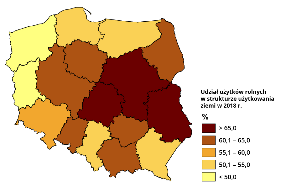 Mapa Polski przedstawia udział użytków rolnych. Ponad 65% było w województwie lubelskim, mazowieckim i łódzkim. Od 60,1 do 65% było w województwie podlaskim, kujawsko‑pomorskim, wielkopolskim, opolskim, świętokrzyskim i małopolskim. Od 55,1 do 60% było w województwie dolnośląskim. Od 50,1 do 55% było w województwie podkarpackim, śląskim, warmińsko‑mazurskim i pomorskim. Poniżej 50% było w województwie lubuskim i zachodniopomorskim.