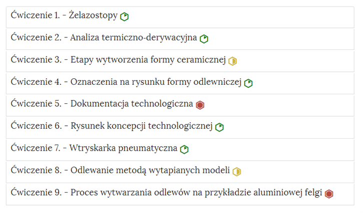 Na zdjęciu pokazano przykładowy wygląd zakładek z ćwiczeniami. W każdej zakładce znajduje się obszar z numerem ćwiczenia, jego tytułem oraz oznaczeniem poziomu trudności. Przykładowo pierwsze dwa ćwiczenia. Ćwiczenie jeden. żelazostopy, zielony sześciokąt foremny z zielonym wypełnieniem w jego prawym górnym rogu stanowiącym jedną szóstą jego powierzchni który symbolizuje najmniejszy poziom trudności. Ćwiczenie dwa, analiza termiczno - derywacyjna zielony sześciokąt foremny z zielonym wypełnieniem w jego prawym górnym rogu stanowiącym jedną szóstą jego powierzchni który symbolizuje najmniejszy poziom trudności.Na widocz.nym zdjęciu znajduje się dziewięć zakładek z ćwiczeniami