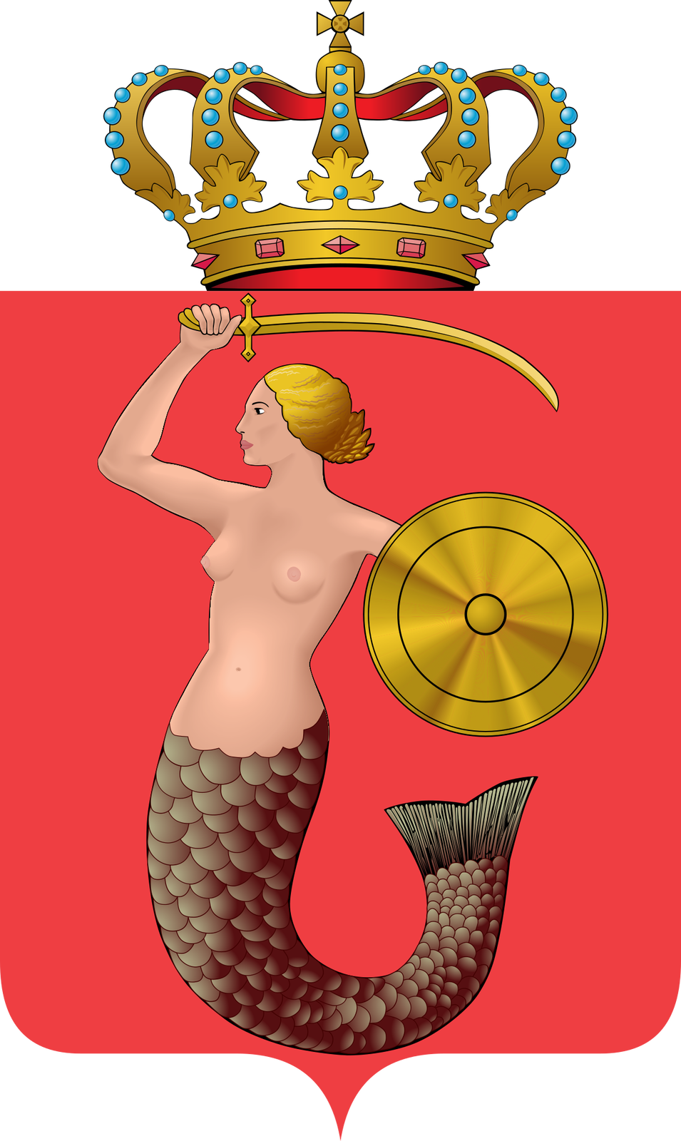 Ilustracja przedstawia herb Warszawy. Na czerwonym tle narysowana jest naga kobieta, która zamiast nóg ma brązowy, rybi ogon. W lewej dłoni trzyma złotą tarczę. Prawą dłoń ma uniesioną nad głowę, trzyma w niej złoty miecz. Nad syreną narysowana jest ogromna korona, ozdobiona niebieskimi kamieniami i krzyżem. 