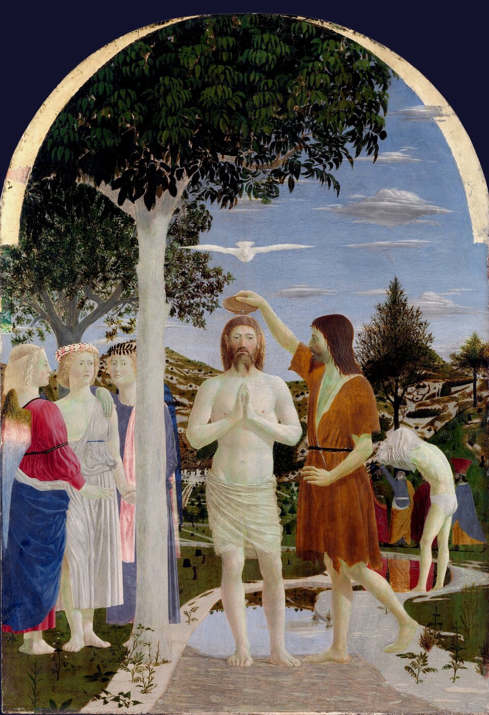 Ilustracja przedstawia obraz Piero della Francesca pt. „Chrzest Chrystusa”. Na obrazie widzimy stojącego w strumieniu półnagiego Chrystusa, któremu Jan Chrzciciel polewa głowę wodą święconą. Nad głową Jezusa unosi się biała gołębica, symbol Ducha Świętego. Z lewej strony stoją trzy anioły w kolorowych szatach. Na obrazie znajduje się również duże drzewo, pod którym stoją wszystkie postacie. W oddali znajduje się miasto, rozciągające się na kilku wzgórzach. Artysta po mistrzowsku ujął przestrzeń, stosując zasady perspektywy zbieżnej. W krętym strumieniu odbija się niebo oraz wzgórza.