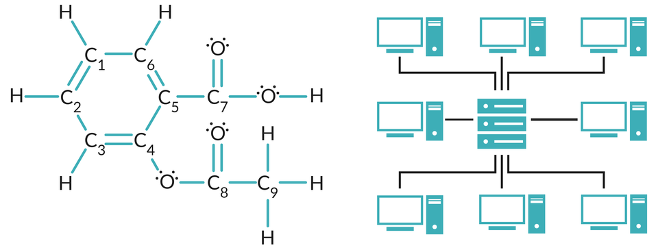 Ilustracja przedstawia dwa grafy.  Pierwszy graf ukazuje połączenia chemiczne między związkami chemicznymi.  Połącznia związków C1, C2, C3, C4, C5 połączone ze sobą prostymi,  C1, C2, C3, C6 połączone ze związkami H.  C4, z O , następnie z C8, O, C9, z trzema związkami H.  C5 z C7, z dwiema O oraz H.  Po prawej stronie znajduje się graf ilustrujący połączenie komputerów w sieci lokalnej.  Znajduje się na nim 8 ikon komputerów stacjonarnych połączonych z głównym serwerem.