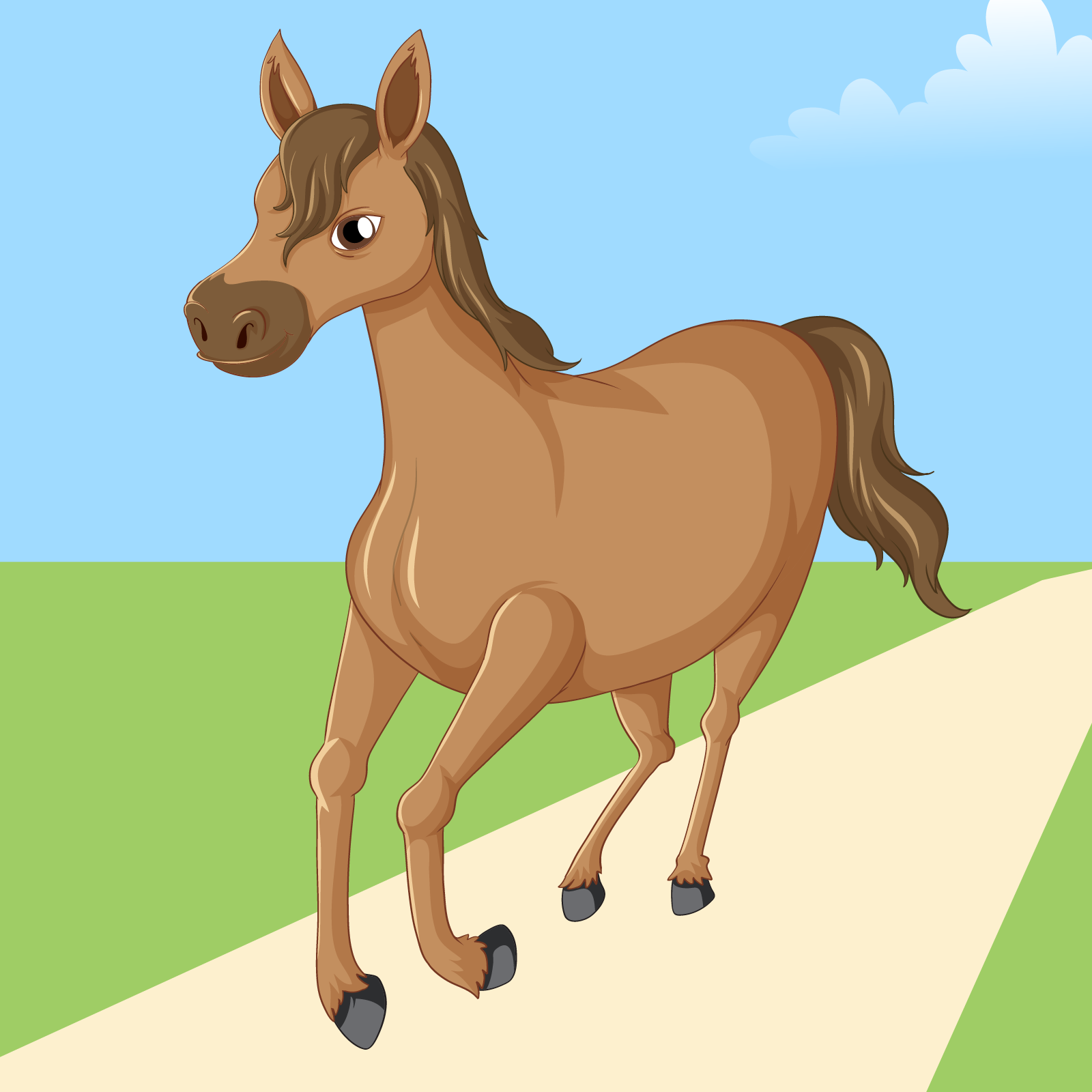 Ilustracja przedstawia brązowego konia w galopie. 