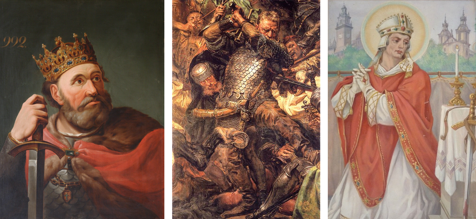 Ilustracja przedstawia trzy obrazy. Pierwszy od lewej przedstawia dojrzałego mężczyznę w średniowiecznej zbroi, mającego na ramionach pelerynę. Mężczyzna jest brodaty, nosi koronę królewską na głowie. Wspiera prawą dłoń na dużym mieczu. Środkowy obraz przestawia średniowieczną bitwę. Na pierwszym planie znajduje się rycerz w kolczudze zamierzający się mieczem na wroga. Za jego plecami znajdują się inni walczący wojownicy. Na ziemi leży powalony koń. Obraz po prawej stronie przedstawia mężczyznę w stroju duchownego, w ornacie i mitrze na głowie. Mężczyzna ma ręce złożone do modlitwy. Nad jego głową znajduje się aureola. W tle, za jego plecami wśród drzew wieże kościelne.