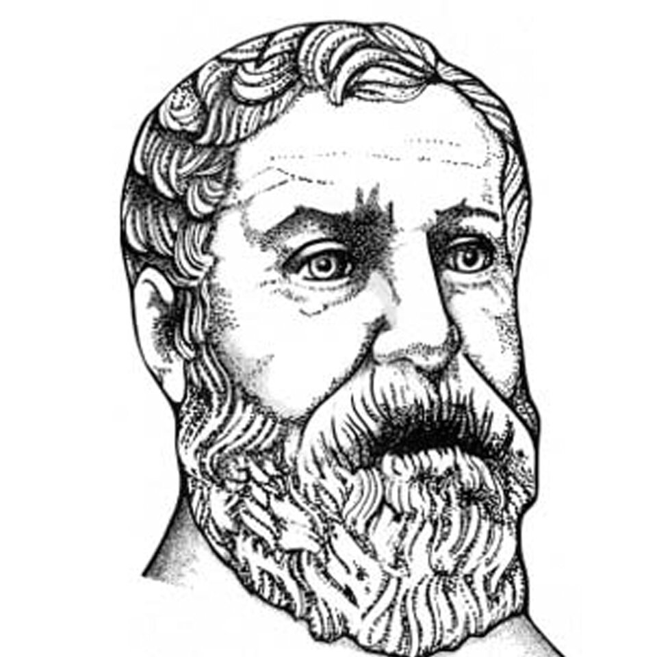 Ilustracja przedstawia głowę meżczyznę w średnim wieku. Ma krótkie włosy, wąsy i brodę.