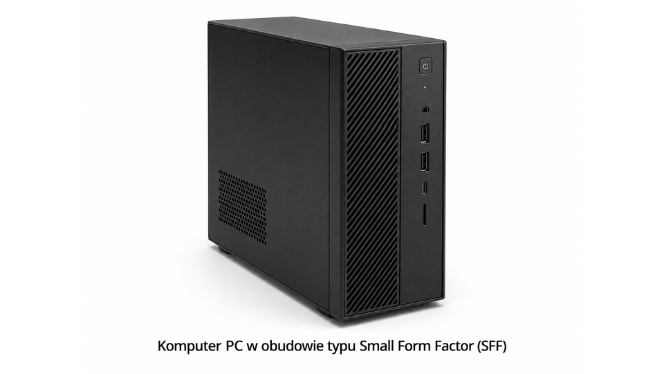 Fotografia komputera PC w obudowie typu Small Form Factor (SFF - czarna skrzynka z kratką wentylacyjną na przedniej ścianie po lewo oraz z boku. Na przedniej ścianie gniazda mini JACK, USB, USB‑C, slot na karty pamięci SD oraz przycisk POWER.