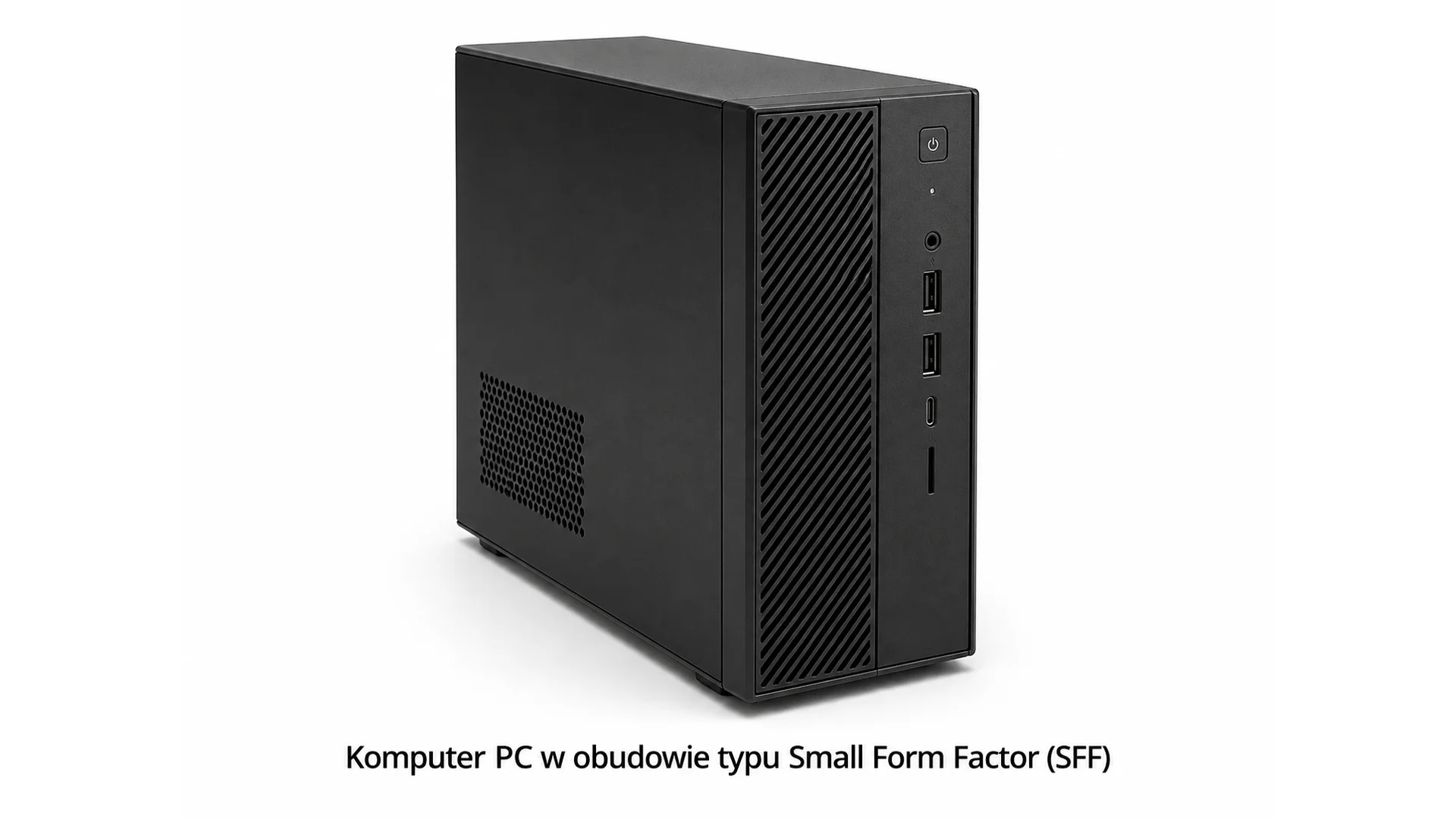 Fotografia komputera PC w obudowie typu Small Form Factor (SFF - czarna skrzynka z kratką wentylacyjną na przedniej ścianie po lewo oraz z boku. Na przedniej ścianie gniazda mini JACK, USB, USB‑C, slot na karty pamięci SD oraz przycisk POWER.