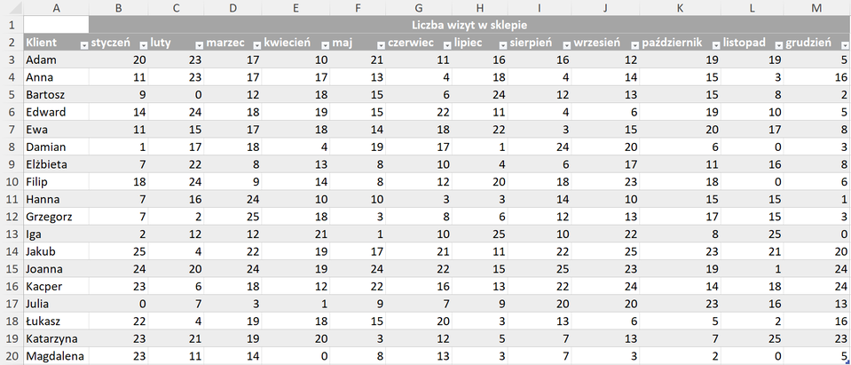 Ilustracja przedstawia arkusz z danymi. Dane dotyczą liczby wizyt w sklepie. Kolumna A ma tytuł Klient, B styczeń, C luty, D marzec, E kwiecień, F maj, G czerwiec, H lipiec, I sierpień, J wrzesień, K październik, L listopad, M grudzień. Arkusz ma 20 wierszy. W komórkach kolumny A podano imiona klientów. W pozostałych komórkach dotyczących miesięcy są liczby.  