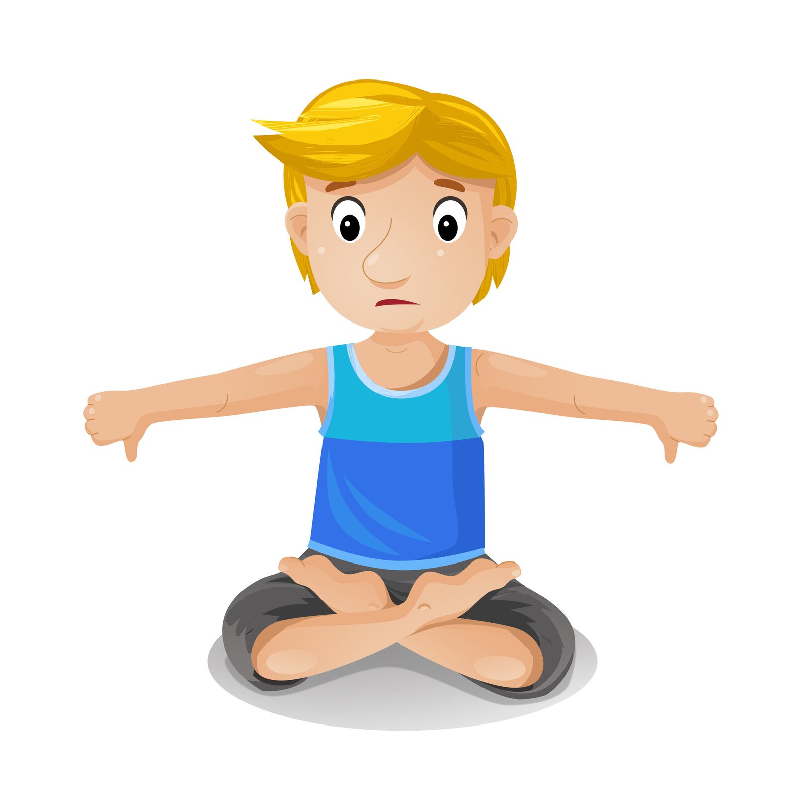 Ilustracja przedstawia chłopca siedzącego w pozycji lotosu. Pokazuje kciuki w dół.