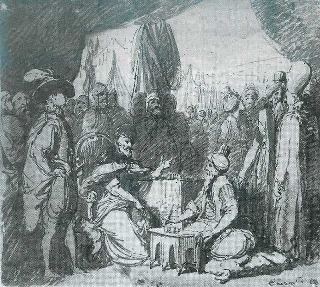 Obraz przedstawia scenę rozmowy toczonej w dużym, wojskowym namiocie. W głównej części obrazu widoczna jest postać siedzącego na fotelu starszego mężczyzny w szlacheckim stroju (po lewej stronie) i sułtana siedzącego po turecku na olbrzymiej poduszce przy niewielkim stoliku (po prawej stronie). Wokół rozmawiających są licznie zgromadzeni Polacy i Turcy. Przysłuchują się rozmowie.