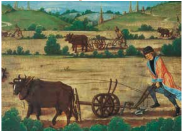 Ilustracja przedstawia mężczyzn, którzy orzą ziemię pługami zaprzęgniętym w dwa woły. Każdy z chłopów orze swój kawałek pola. W tle pagórkowaty teren. 