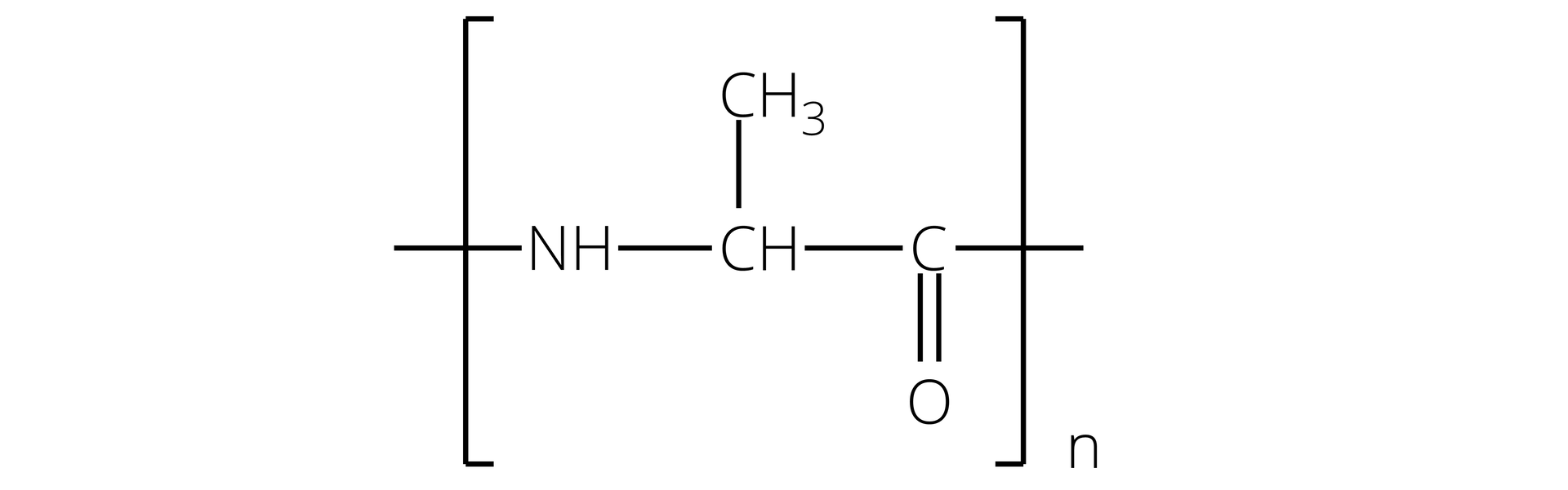 Ilustracja przedstawiająca wzór półstrukturalny związku. Wzór znajduje się w nawiasie kwadratowym, względem którego w indeksie dolnym znajduje się litera n, zaś wiązania odchodzące od poszczególnych atomów wychodzą poza wspomniane nawiasy. Grupa NH, od której jedno wiązanie wychodzi poza nawias łączy się wiązaniem pojedynczym z grupą CH znajdującą się w nawiasie. Grupa CH podstawiona jest grupą metylową CH3, a także łączy się z atomem węgla, który to związany jest za pomocą wiązania podwójnego z atomem tlenu oraz od którego odchodzi jedno wiązanie pojedyncze poza nawias kwadratowy.