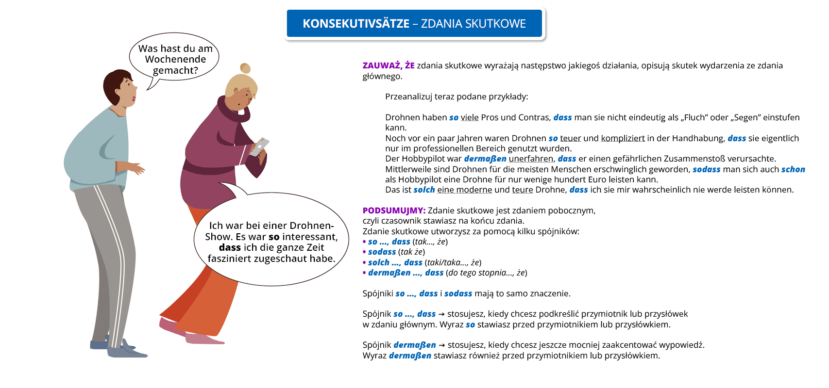 Ilustracja zawiera poradę gramatyczną pod tytułem <span lang="de> Konsekutivsätze – zdania skutkowe. Obrazek przedstawia ciemnowłosego chłopaka ubranego w bluzę i spodnie od dresu, który mówi: <span lang="de> Was hast du am Wochenende gemacht? 
Ubrana w sweter z golfem i szerokie spodnie dziewczyna uczesana w kok odpowiada mu: <span lang="de> Ich war bei einer Drohnen Show. Es war so interessant, dass ich die ganze Zeit fasziniert zugeschaut habe.
Pozostałą część grafiki zajmuje tekst, którego treść wyświetla się poniżej grafiki w trybie dostępności.
