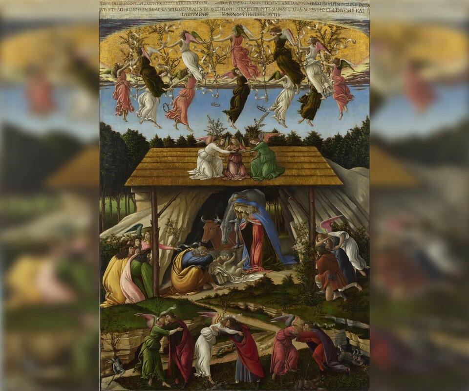 Obraz przedstawia wyobrażenie narodzenia Pańskiego. W centralnej części jest skalna grota przykryta słomianym dachem wspartym na drewnianych belkach.  Pod dachem znajduje się święta rodzina, wół i osioł. Na dachu trzej aniołowie. Powyżej tańczący w kręgu aniołowie. Przed oraz wokół szopy są różne postaci oraz kłaniający się aniołowie.