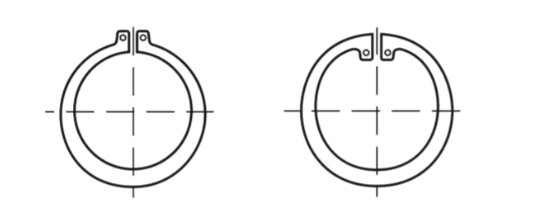 Ilustracja przedstawia dwa pierścienie Segera, które nie zamykają się w kształt koła. Na pierścieniu po lewej wypustki skierowane są na zewnątrz, a po prawej do wewnątrz.