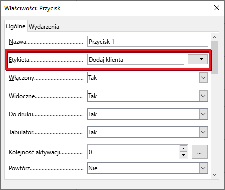 Ilustracja przedstawia okno o nazwie: Właściwości: Przycisk. Zaznaczono opcję Etykieta: Dodaj klienta. 