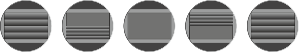 Ilustracja przedstawiająca proces otwarcia i zamknięcia migawki. Na pierwszym obrazku kurtyna zasłania całą matrycę. Na drugim obrazku kurtyna zasłania połowę matrycy od dołu. Na trzecim obrazku nie ma kurtyny. Na czwartym obrazku kurtyna zasłania matrycę w połowie od góry. Na piątym obrazku kurtyna zasłania całą matrycę.