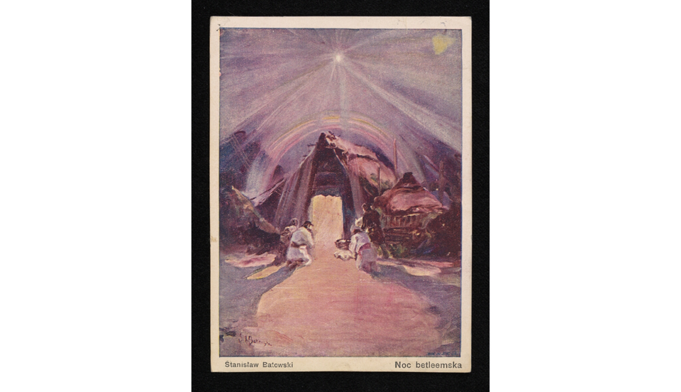 Pocztówka przedstawia rozświetlone wejście do stajenki przed którym znajdują się czterej mężczyźni. Trzech z nich klęczy, czwarty stoi. Nad stajenką, na ciemnym niebie rozbłyskuje gwiazda betlejemska.