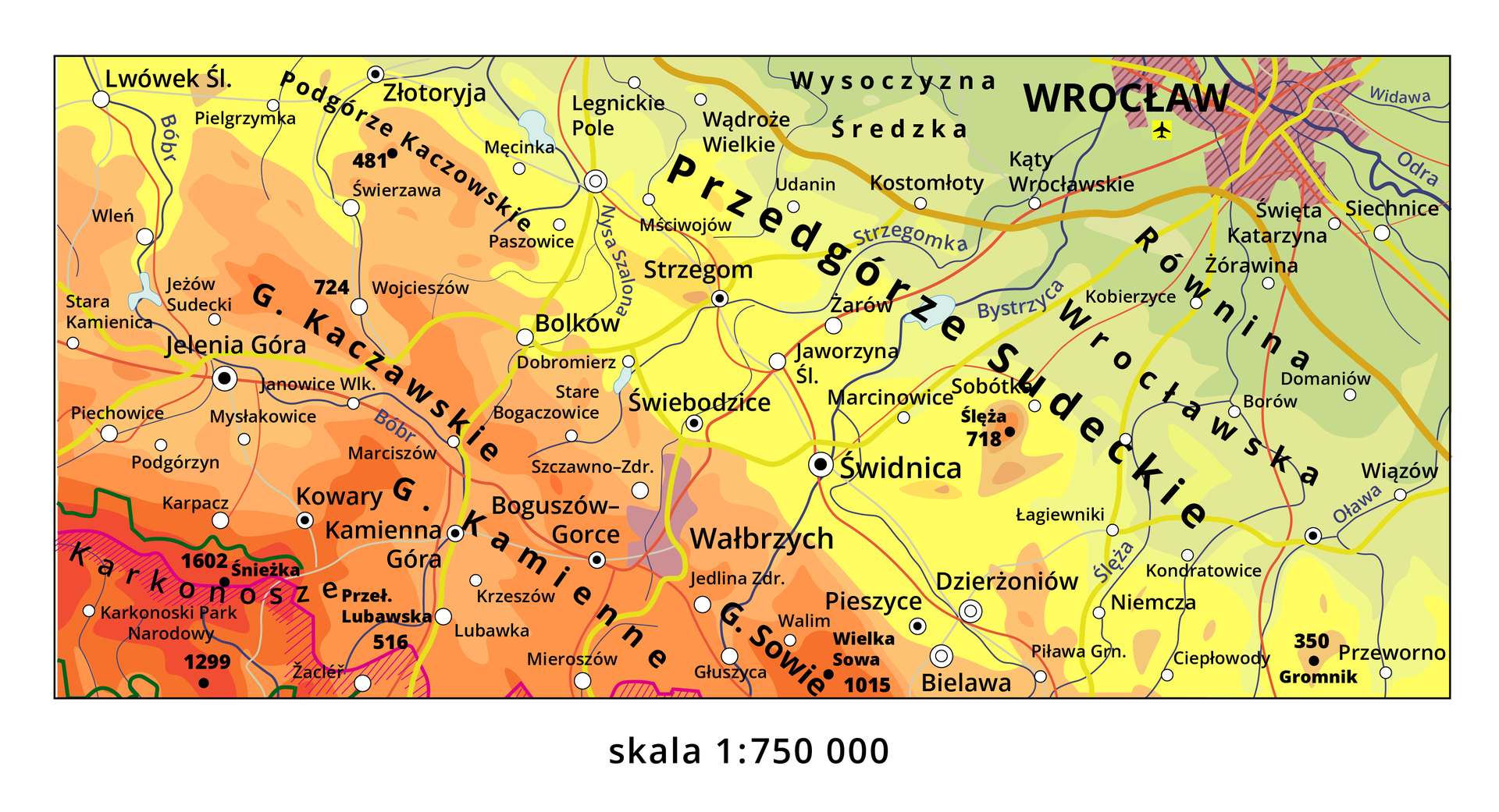 Ilustracja przedstawia mapę fizyczną fragmentu Niziny Śląskiej i Sudetów.  Na mapie zaznaczono wysokość terenu kolorami od ciemnozielonego do czerwonego, większe i mniejsze miasta oraz akweny. Pod mapą skala liczbowa 1:750 000. 
