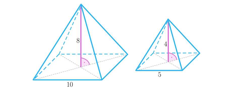 Ilustracja przedstawia dwa ostrosłupy prawidłowe czworokątne. Większy z nich ma krawędź podstawy długości 10. Natomiast wysokość upuszczona na spodek wysokości, leżący na przecięciu przekątnych kwadratu w podstawie ma długość 8. W mniejszym ostrosłupie krawędź podstawy wynosi 8, a wysokość 4. 