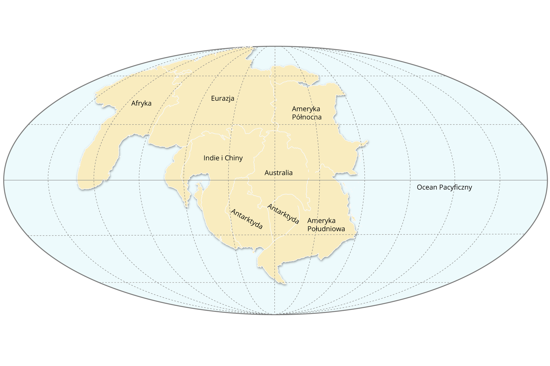 Na ilustracji przedstawiono wygląd superkontynentu Novopangei. Ląd ten leży w dwóch trzecich na półkuli północnej, w 1/3 na południowej. Na obszarze super kontynentów zaznaczono zarysami tereny składające się na współczesne kontynenty. lewy górny róg to Afryka, po jej prawej Eurazja, a jeszcze bardziej z prawej Ameryka Północna.  Pod Eurazją i Ameryką Północną Znajdują się ziemię Indii i Chin, Australii, a niżej Antarktydy i Ameryki Południowej.
