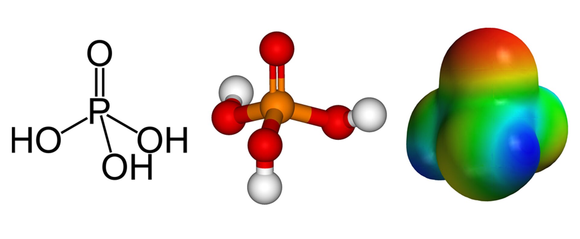 Wzór strukturalny kwasu fosforowego. W centralnej części cząsteczki kwasu znajduje się atom fosforu P￼￼. Od niego odchodzi podwójne wiązanie do atomu tlenu, następnie pojedyncze wiązanie do grupy hydroksylowej O H￼. Do atomu fosforu przyłączone są 3 grupy hydroksylowe.  Atom tlenu umiejscowiony jest na atomem fosforu a grupy hydroksylowe poniżej. Obok znajduje się mapa gęstości elektronowej cząsteczki kwasu fosforowego. 