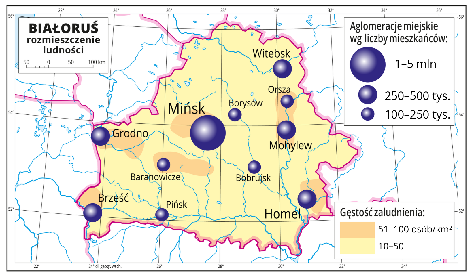 Mapa przedstawia rozmieszczenie ludności Białorusi. Granatowymi kropkami oznaczono największe miasta tego kraju, ich wielkość odwzorowuje liczbę ludności danego miasta. Największym miastem Białorusi jest Mińsk zaznaczony największą kropką, tj. mieszka tam od 1 do 5 mln osób, następne są Gordno,  Brześć,  Homel, Mohylew i Witebsk w których mieszka od 250 do 500 tys. osób. W miastach Baranowicze, Pińsk, Bobrujsk,Boryszów i Orsza mieszka natomiast od 100‑250 tys. Dookoła mapy znajduje się biała ramka w której opisano południki i równoleżniki co 2 stopnie. 