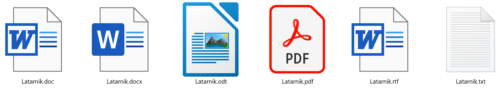 Zrzut przykładowych ikon tego samego pliku tekstowego „Latarnik” zapisanego w różnych formatach. Pliki z formatem doc, docx oraz rtf posiadają charakterystyczną ikonę programu Microsoft Word z literą „W” i zagiętym rogiem. Format pdf posiada domyślną ikonę firmy Adobe ze stylizowaną literą „A” oraz podpisem pdf. Format odt to ikonka dokumentu podobna do Word, jednak zamiast zagiętego rogu, prawy górny róg jest odcięty. W uproszczonym dokumencie znajduje się również mały obrazek z górami, jeziorem i słońcem. Format txt posiada ikonę kartki papieru w linie zagiętą w prawym górnym rogu. 