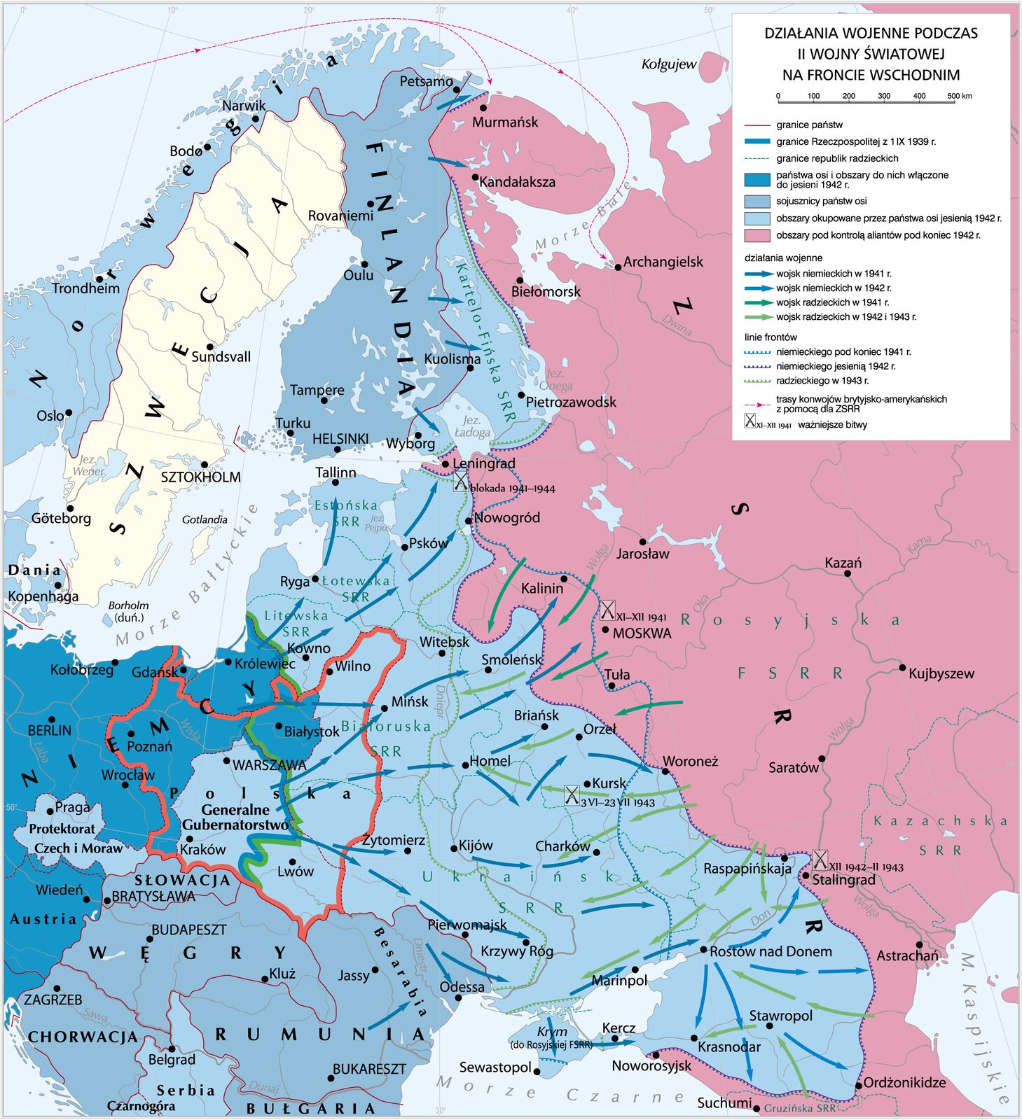 Na ilustracji mapa przedstawiająca działania wojenne na froncie wschodnim.