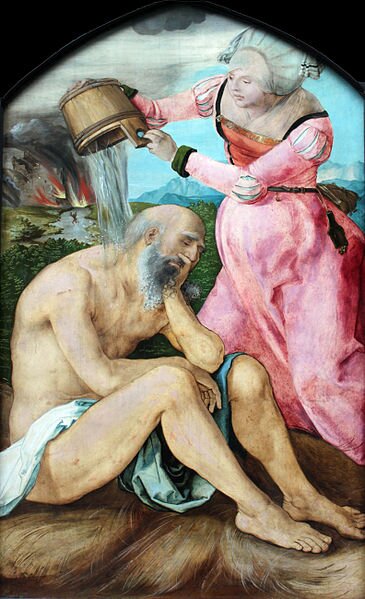 Obraz przedstawia scenę biblijną. Po lewej stronie, na ziemi siedzi nagi mężczyzna. Ma długą siwa brodę i łysinę. Jego uda okrywa kawałek jasnego materiału. Postać prawą rękę opiera na kolanie, a lewą podpiera policzek. Nad mężczyzną stoi kobieta w strojnej, różowej, długiej sukni oraz czepku na głowie. W rękach trzyma drewniane naczynie, z którego wylewa wodę na grzbiet mężczyzny. W tle widać zielone drzewa, góry i błękitne niebo.