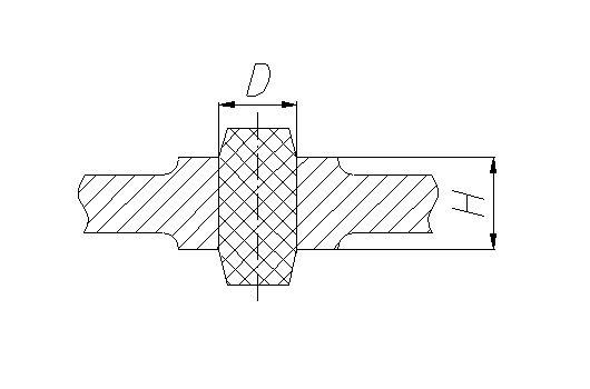 Na ilustracji przedstawiony jest rdzeń, który jest w kształcie prostokąta z dłuższymi krawędziami po bokach. Na końcach rdzenia u góry i u dołu znajdują się zakończenia w kształcie trapezów. Po bokach rdzenia znajduję się zakreskowane w jedną stronę fragmenty materiału. U góry jest oznaczenie długości średnicy rdzenia  D oraz wysokość rdzenia H. 