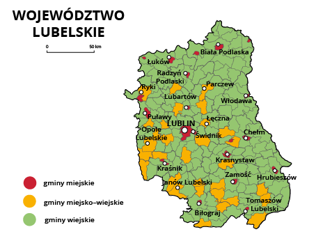 Mapa województwa lubelskie. Na mapie szarymi liniami zaznaczono granice powiatów ziemskich, białymi kropkami zaznaczono miasta będące stolicami powiatów. W obrębie powiatów ziemskich kolorami wyróżniono gminy miejskie (na czerwono), miejsko‑wiejskie (na żółto) i wiejskie (na zielono). Stolicą województwa jest Lublin. Stolicami gmin miejskich są Lublin, Biała Podlaska, Łuków, Radzyń Podlaski, Lubartów, Włodawa, Świdnik, Krasnystaw, Hrubieszów, Biłgoraj, Tomaszów Lubelski, Puławy, Zamość, Chełm, Kraśnik. Stolicami gmin miejsko‑wiejskich są Ryki, Łęczna, Parczew, Janów Lubelski, Opole Lubelskie.