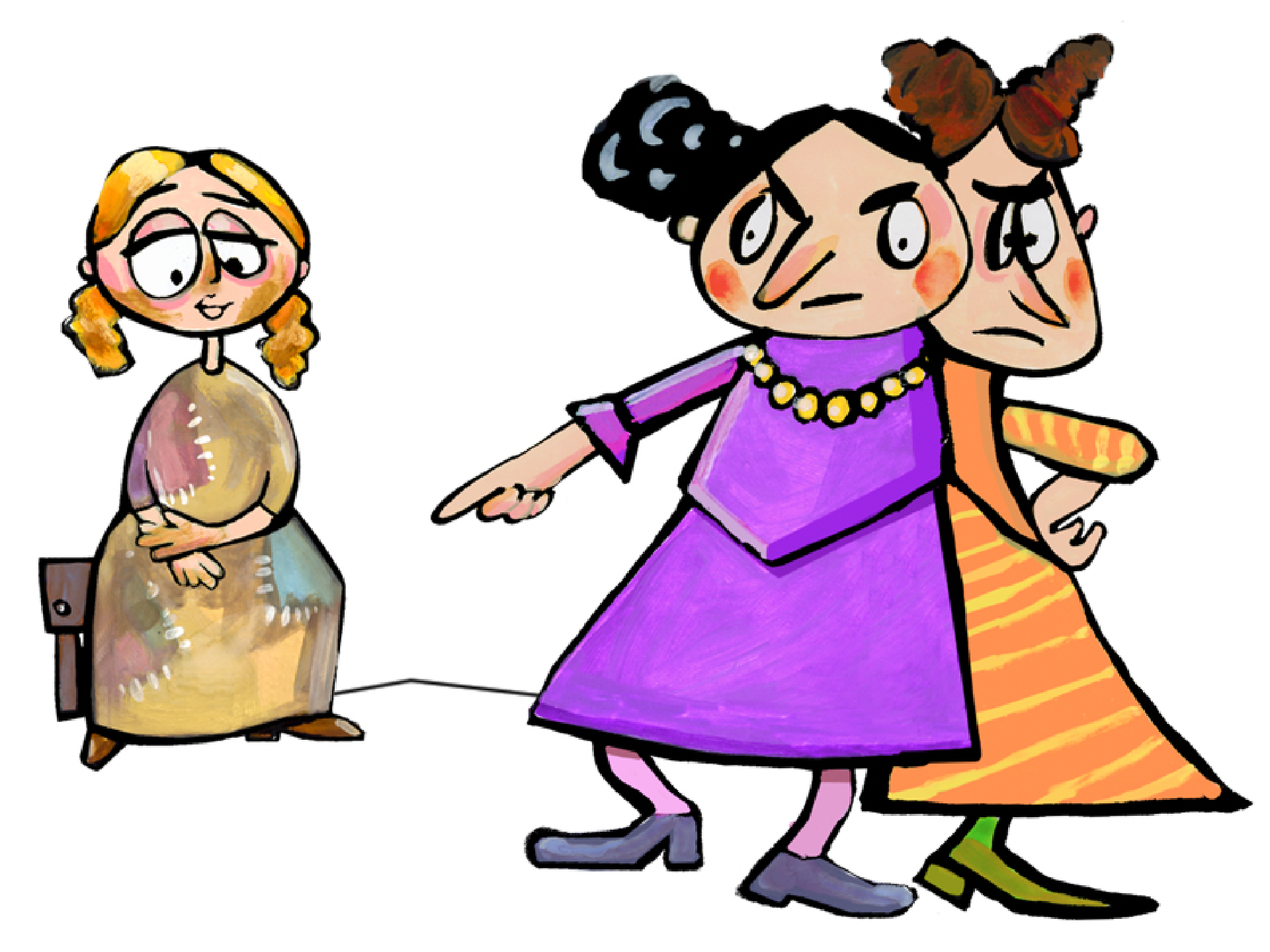 Kolorowa ilustracja przedstawia trzy dziewczyny. Z lewej stroni siedzi jedna, ubogo ubrana. Ma połataną sukienkę, gładko uczesane włosy, jest uśmiechnięta. Po prawej strony stoją dwie dziewczyny, bogato ubrane, o złym wyrazie twarzy. Jedna wskazuje palcem na siedzącą. 