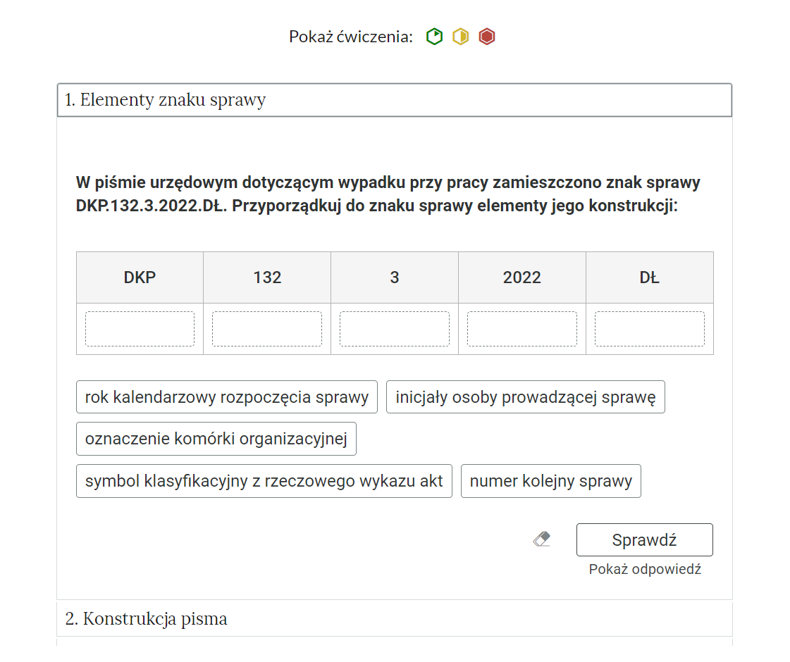 Widok na przykładowe ćwiczenie w otwartej zakładce, ćwiczenie numer 1 - Elementy znaku sprawy.