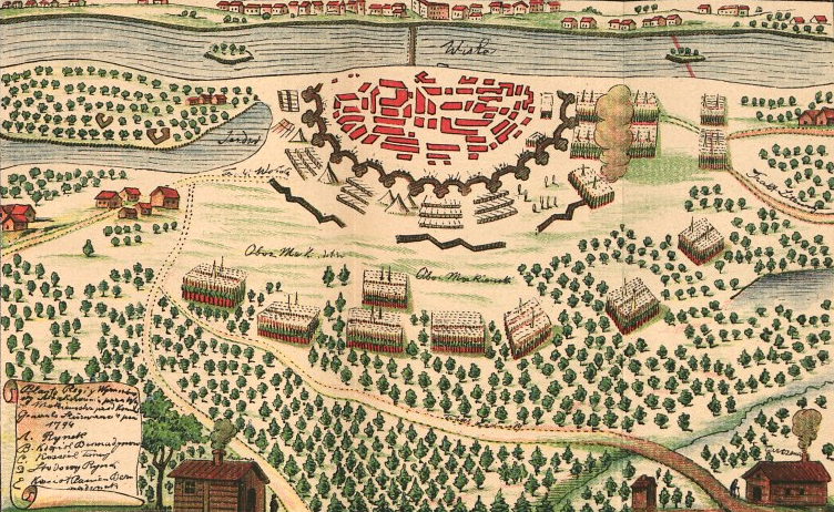 Na obrazie widok z góry ataku wojsk. Na górze widoczna Wisła, przez środek przechodzi most, który prowadzi do zabudowań. Wokół nich umocnienia, namioty i wojska. Na nich nacierają wojska, które wychodzą z zalesionego terenu. W lewym dolnym rogu nieczytelne napisy. 