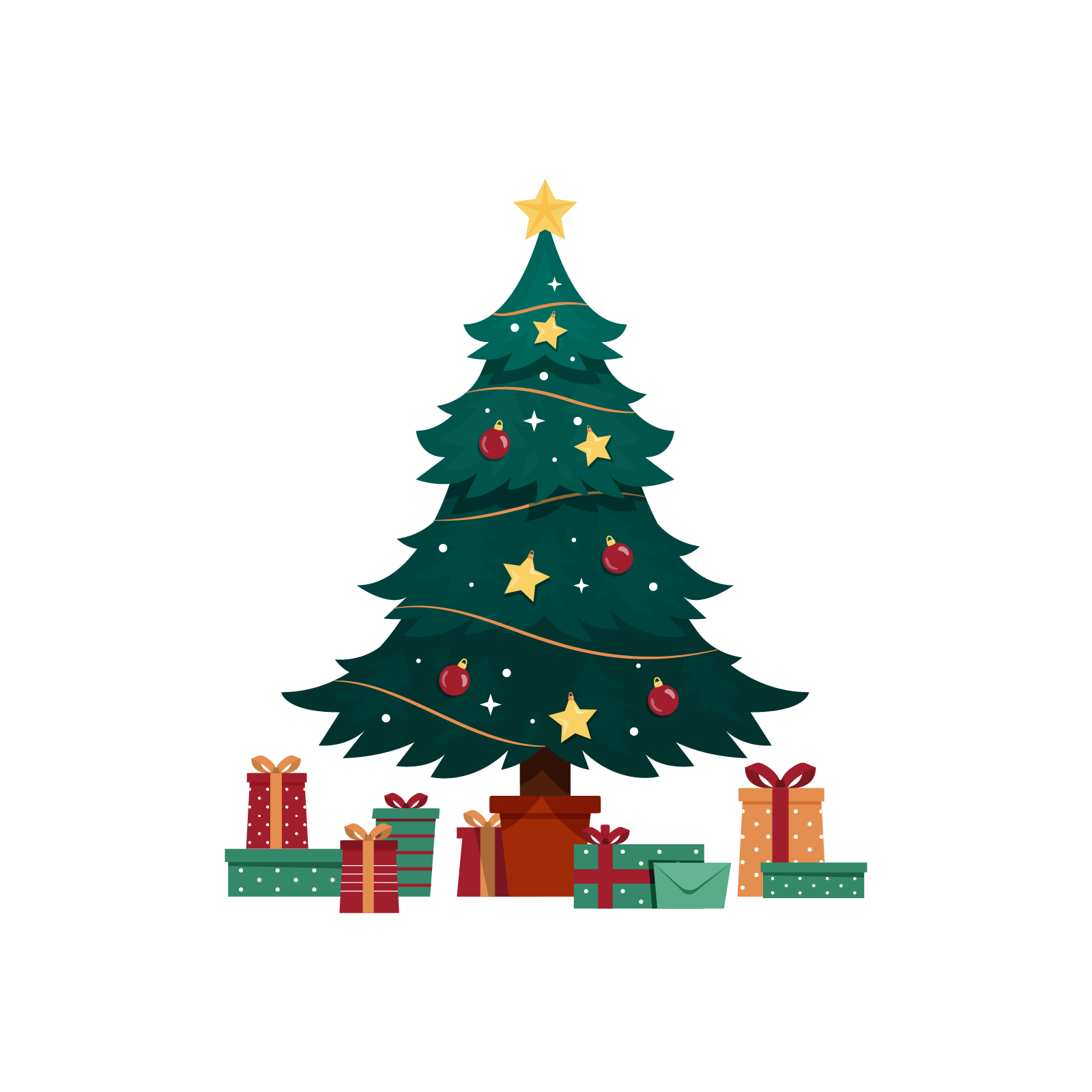 Ilustracja przedstawia choinkę ozdobioną w czerwone bombki, łańcuchy i żółte gwiazdki. Pod choinką znajdują się prezenty owinięte w kolorowe wstążki.