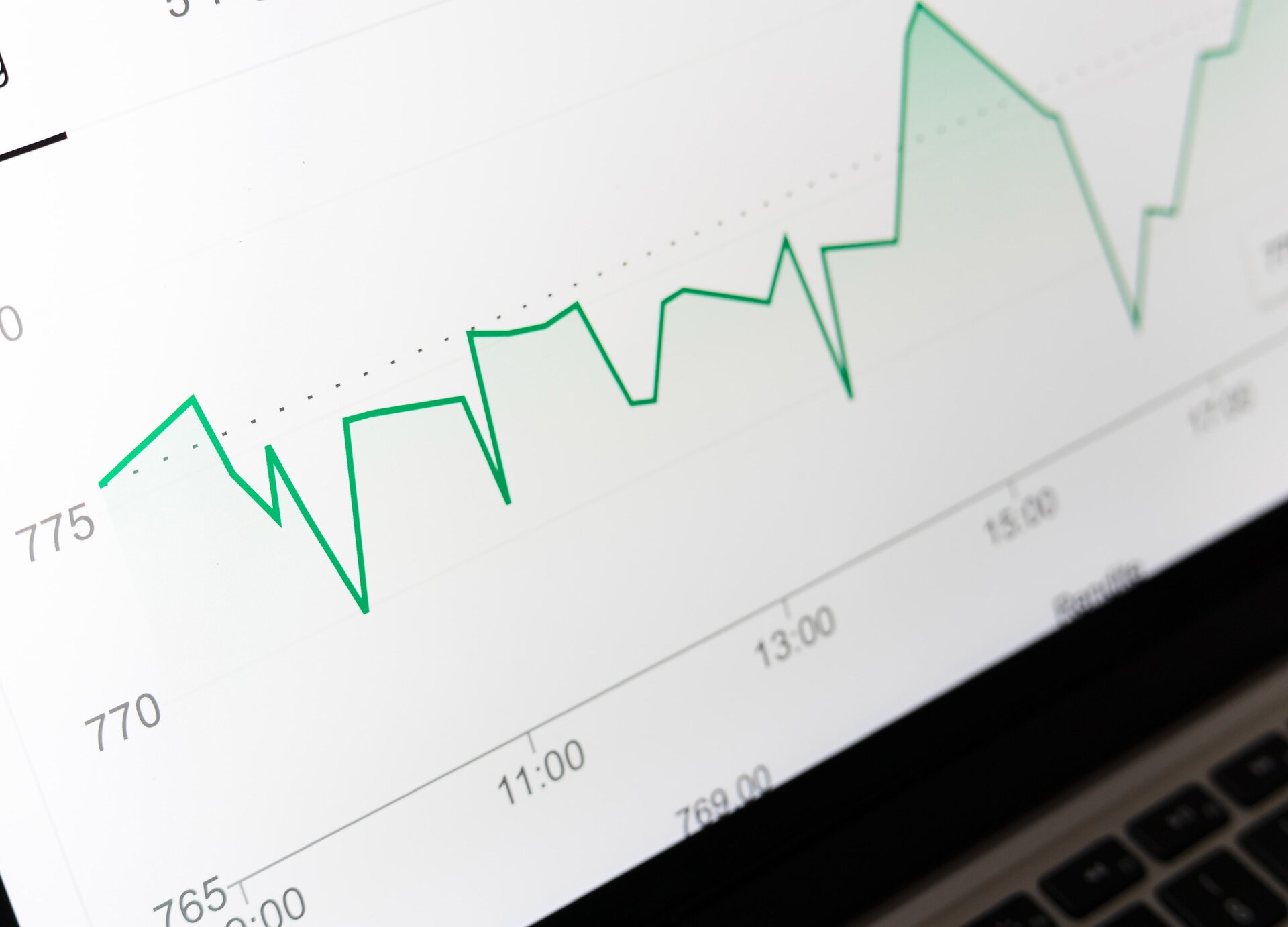 Zdjęcie przedstawia widok fragmentu monitora laptopa, na którym widoczny jest wykres z badania EKG. Na białym tle zaznaczono zieloną, łamaną linię odczytu, wpisaną w układ osi x/y. Na osi x widoczne są godziny: 11:00, 13:00. 15:00, 17:00. Na osi y widoczne są numery (od dołu): 765, 770, 775. 