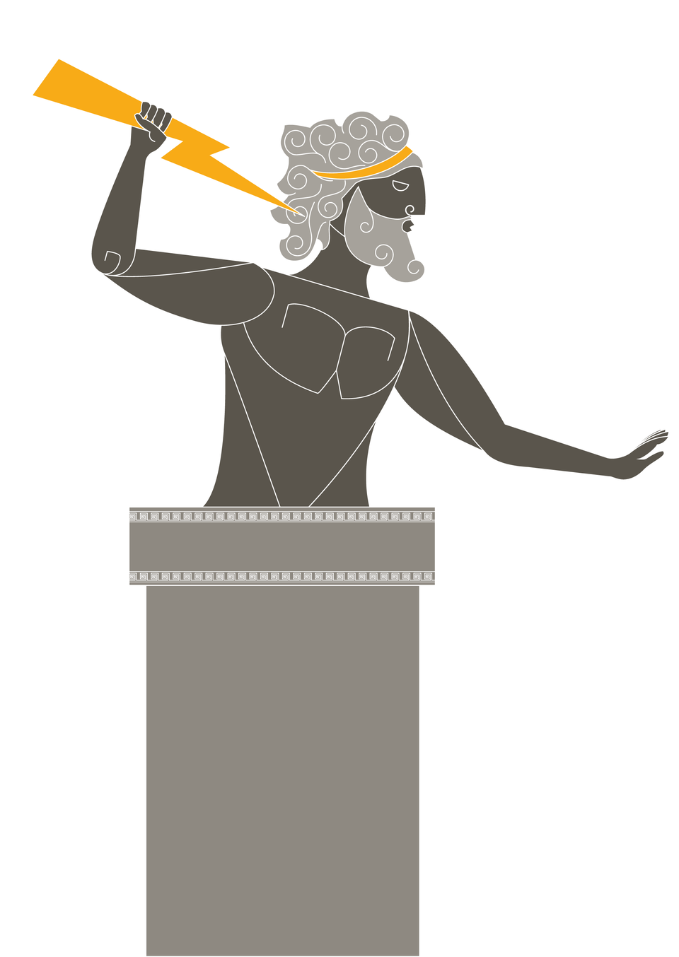 Rysunek przedstawia sylwetkę boga greckiego Zeusa, ulokowaną na postumencie, widoczną górna połowa postaci. Zeus trzyma w prawej dłoni piorun, wykonując gest z zamiarem ciśnięcia nią w dal. 