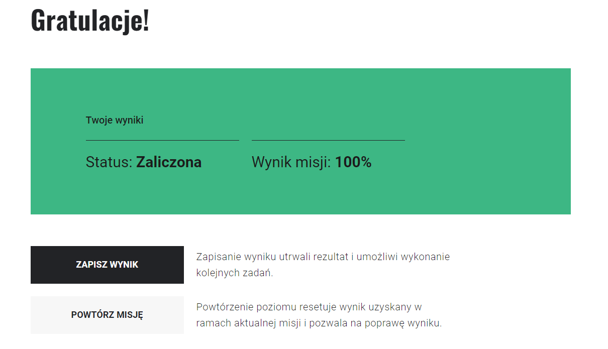 Przykładowy ekran podsumowania gry