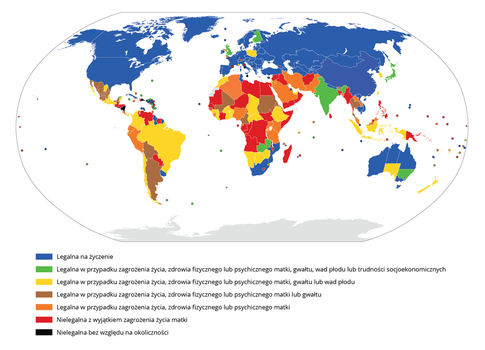 Mapa świata prezentująca podział państw i podejście do aborcji. Aborcja legalna na życzenie występuje: w Kanadzie, USA, na Kubie, w Gujanie i Gujanie Francuskiej, Urugwaju, w niemal całej Europie (z wyjątkiem Wielkiej Brytanii, Polski, Finlandii, w niemal całej Azji (z wyjątkiem Indii, Butanu, Birmy, Tajlandii, Kambodży, Pakistanu, Afganistanu, Iranu, Japonii, Malezji, Indonezji), w części Australii, w Mozambiku, w RPA. Legalna w przypadku zagrożenia życia, zdrowia fizycznego lub psychicznego matki, gwałtu, wad płodu lub trudności socjoekonomicznych: Wielka Brytania, Norwegia, Indie, Zambia, Japonia, zachodnia część Australii. Legalna w przypadku zagrożenia życia, zdrowia fizycznego lub psychicznego matki, gwałtu lub wad płodu: Gwatemala, Panama, Kolumbia, Brazylia, Chile, Maroko, Polska, Gwinea, Burkina Faso, Ghana, Togo, Benin, Czad, Republika Środkowo‑Afrykańska, Etiopia, Namibia, Botswana, Zimbabwe, Indonezja, Korea Południowa. Legalna w przypadku zagrożenia życia, zdrowia fizycznego lub psychicznego matki lub gwałtu: północno‑zachodnia część Meksyku, Boliwia, Argentyna, Mali, Kamerun, Sudan, Kambodża. Legalna w przypadku zagrożenia życia, zdrowia fizycznego lub psychicznego matki: Kostaryka, Ekwador, Peru, Algieria, Nigeria, Uganda, Kenia, Tanzania, Arabia Saudyjska, Iran, Pakistan, Laos. Nielegalna z wyjątkiem zagrożenia życia matki: Gwatemala, Honduras, Senegal, Mauretania, Niger, Libia, Egipt, Sudan Południowy, Somalia, Demokratyczna Republika Konga, Gabon, Kongo, Angola, Malawi, Lasoto, Madagaskar, Jordania, Syria, Afganistan, Bangladesz, Birma. Nielegalna, bez względu na okoliczności: Nikaragua.