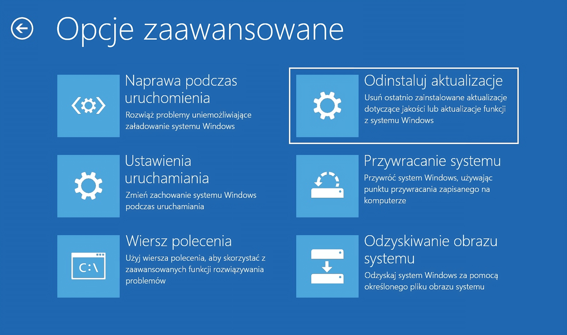 odinstaluj aktualizacje Ilustracja przedstawia zrzut ekranu z trybu awaryjnego systemu Windows 10. Otwarto okno Opcje zaawansowane, dostępne opcje to: Naprawa podczas uruchomienia, Odinstaluj aktualizacje, ustawienia uruchamiania, przywracanie systemu, wiersz polecenia, odzyskiwanie obrazu systemu.