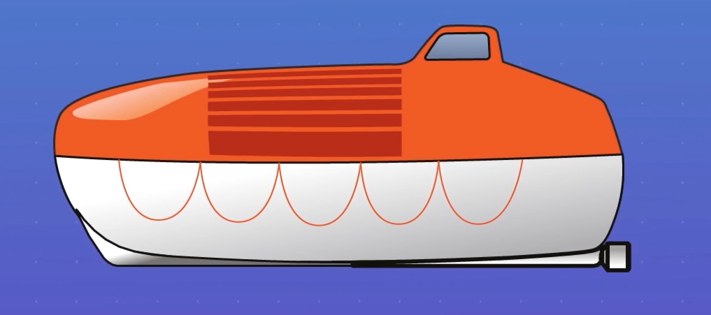 Grafika przedstawia szalupę ratunkową. Ma ona jajowaty kształt. Jej górna połowa jest pomarańczowa, a dolna biała. W tylnej, górnej części widoczne jest okienko.