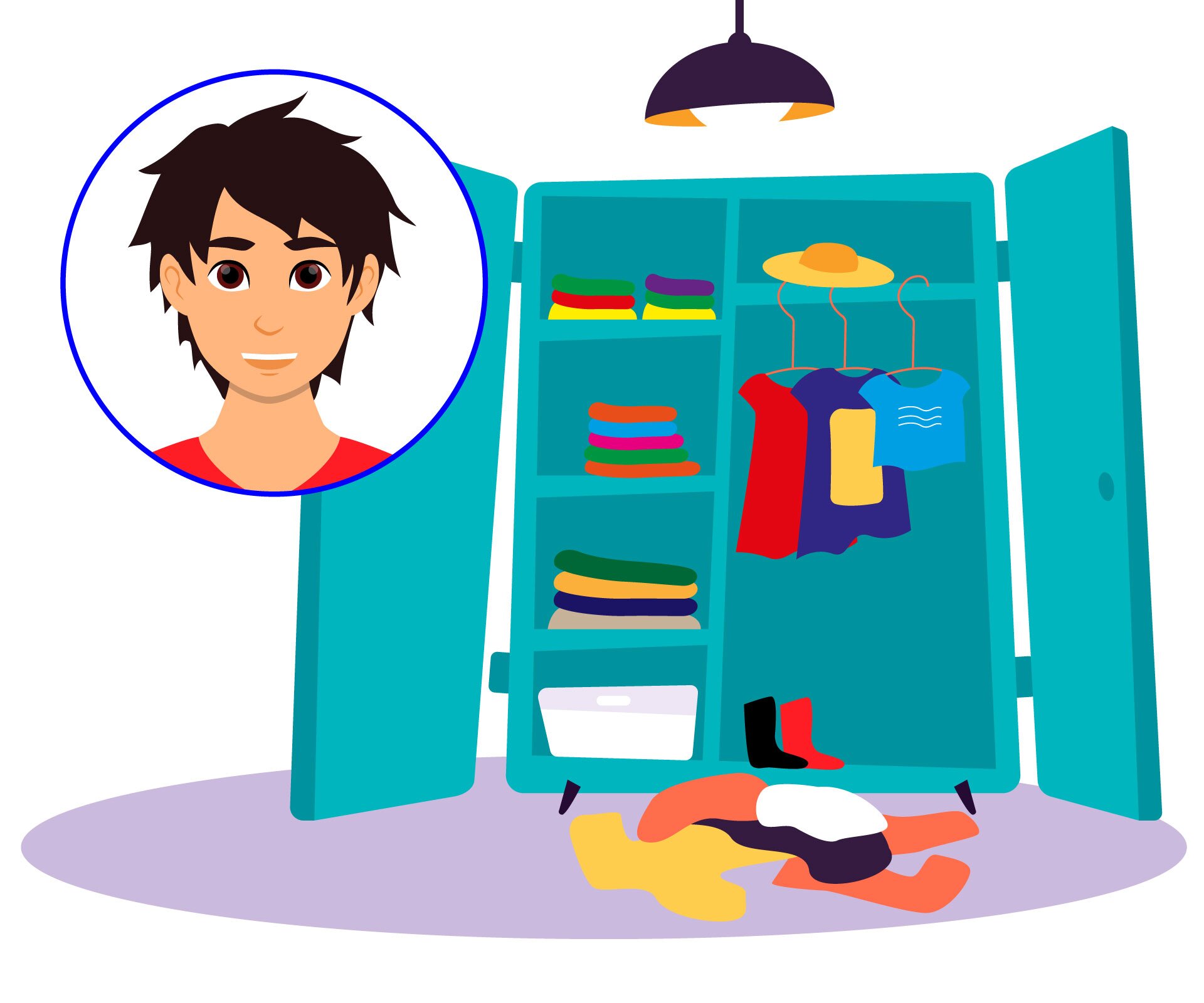 Ilustracja przedstawia mężczyznę  stojącego przed otwartą szafą na ubrania. W środku widoczne są ubrania różnokolorowe wiszące na wieszakach. Na półkach widoczne ubrania ułożone w kostkę. Przed szafą widoczny dywan i rozrzucone na nim ubrania. 