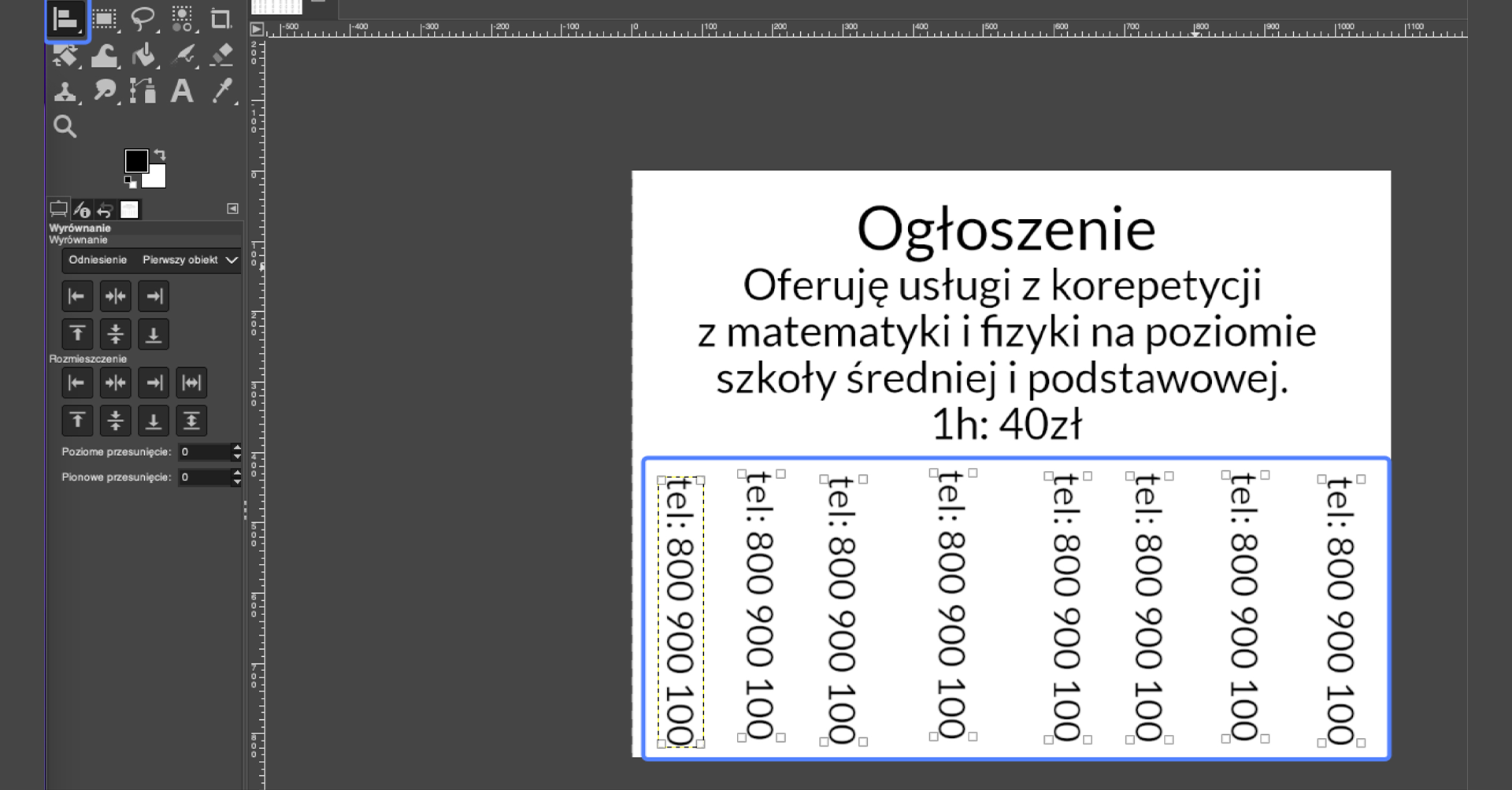 Ilustracja przedstawia okno programu. W obszarze roboczym jest tekst: Ogłoszenie Oferuję usługi z korepetycji z matematyki i fizyki na poziomie szkoły średniej i podstawowej 1h 40 zł. Na dole w pionie podano powtarzający się numer telefonu 800 900 100. Wszystkie numery otoczono niebieską ramką. Panel  po lewej stronie dotyczy wyrównania. 