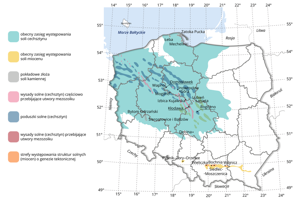 Mapa występowania soli w Polsce. Zasięg występowania soli cechsztynu północna, zachodnia i centralna Polska. Pokładowe złoża soli kamiennej: północ województwa pomorskiego. Wysady solne (cechsztyn) częściowo przebijające utwory mezozoiku: województwo zachodniopomorskie, północno‑zachodnia i wschodnia część województwa wielkopolskiego, południe kujawsko‑pomorskiego, północny zachód łódzkiego. Poduszko solne (cechsztyn): województwo zachodniopomorskie, kujawsko‑pomorskie, północ wielkopolskiego, Rogóżno w województwie łódzkim. Strefy występowania struktur solnych (miocen) o genezie tektonicznej: województwo małopolskie - Wieliczka, Bochnia, Wojnicz. Sól miocenu: Kopalnia Soli Wieliczka, Siedlec‑Moszczenica, Bochnia, Wojnicz, Rybnik‑Żory‑Orzesze. 