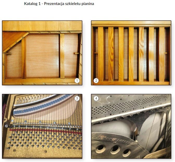 Grafika przedstawia widok galerii zatytułowanej Szkielet pianina, szkielet fortepianu i rozwiązania konstrukcyjne ram żeliwnych przedstawiającej cztery zdjęcia szkieletu pianina.