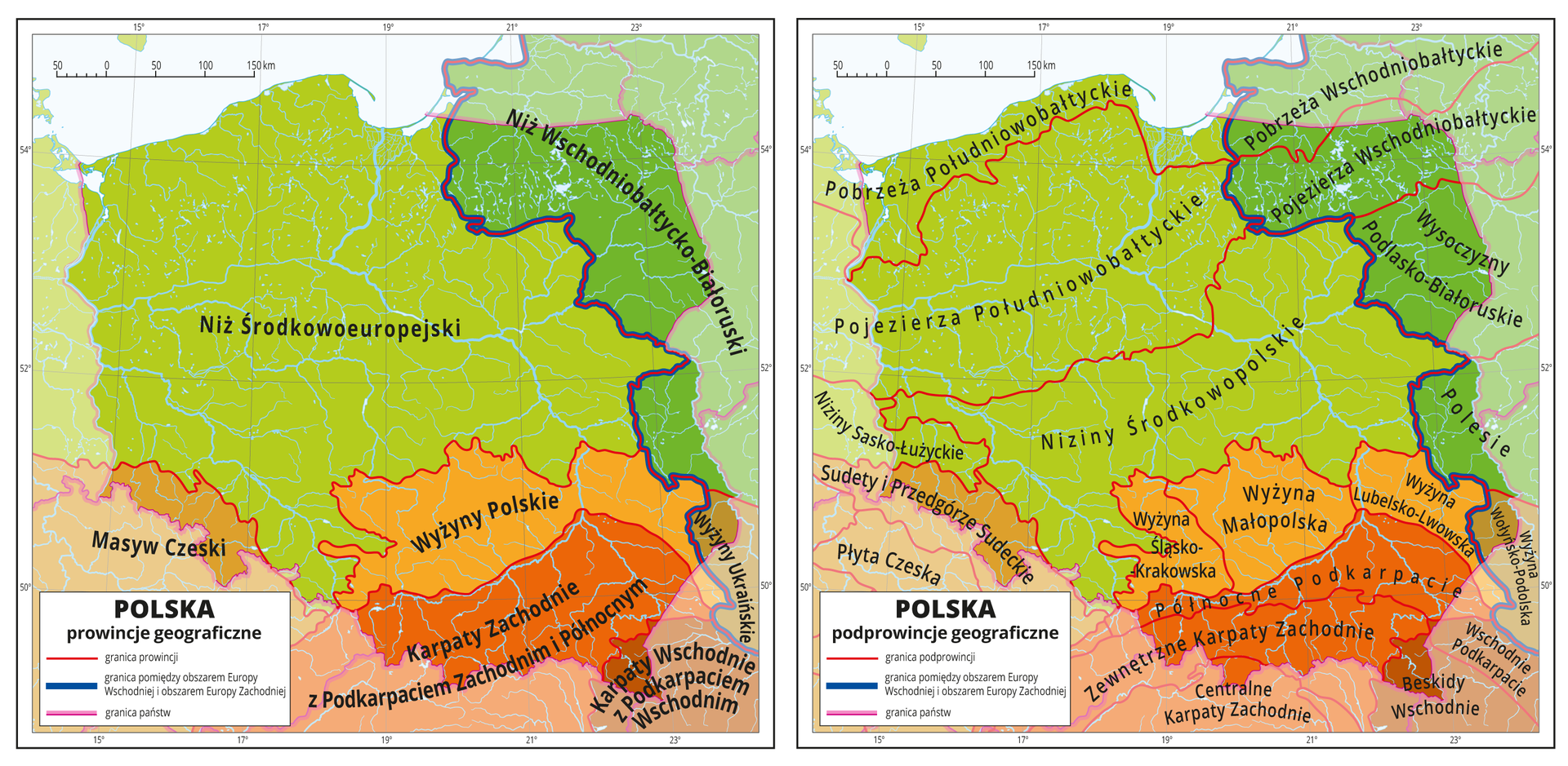 Ilustracja przedstawia dwie mapy Polski. Pierwsza z nich pokazuje podział terytorium Polski na pasy rzeźby terenu, czyli prowincje geograficzne. Do pasów Europy Zachodniej należy m. in. Niż Środkowoeurpejski. Zajmuje on większość powierzchni Polski: Mazowsze, Pomorze, Kujawy, Wielkopolskę, zachodnia Polskę czy większość Dolnego Śląska. Kolejnym pasem są Wyżyny Polskie. Zajmują one Śląsk, Wyżynę Krakowsko-Częstochowską, województwo świętokrzyskie oraz Wyżynę Lubelską. Na południe od Wyżyn Polskich na linii Wisły zaczynają się Karpaty Zachodnie z Podkarpaciem Zachodnim i Północnym. Obejmują Małopolskę, większość Podkarpacia, pasma karpackie oraz Podhale. Południowowschodni kraniec Polski z Bieszczadami zajmuje pas zwany Karpatami Wschodnimi z Podkarpaciem Wschodnim. Południowozachodni kraniec Polski z Sudetami oraz południowym Dolnym Śląskiem należy do Masywu Czeskiego. Z kolei do Europy Wschodniej należą takie pasy rzeźby terenu jak Niż Wschodniobałtycko-Białoruski, a zawierają się w nim tereny Mazur, Podlasia czy wschodniej Lubelszczyzny. Kolejnym pasem są Wyżyny Ukraińskie. Ich niewielki polski skrawek to Zamojszczyzna na zachód od Bugu.  Pasy te dzielą się na podprowincje, co ilustruje druga mapa. Do Niżu Środkowoeuropejskiego należą: pobrzeża Południowobałtyckie, w skład którego wchodzi wybrzeże Morza Bałtyckiego, Mierzeja Wiślana i Zachodnie Pomorze. Kolejną podprowincją są Pojezierza Południowobałtyckie. Należy tu m.in. Pojezierze Kaszubskie, Kujawy oraz Wielkopolska. Nastepna podprowincja położona na południe w stosunku do poprzedniej to Niziny Środkowopolskie - należą do niej m. in. Mazowsze, okolice Łodzi, zachodnia Lubelszczyzna oraz Dolny Śląsk. Ostatnią, niewielką częścią Niżu Środkowoeuropejskiego są Niziny Sasko-Łużyckie. Leżą one w okolicach południowej granicy polsko-niemieckiej.  Wyżyny Polskie dzielą się na trzy podprowincje. Pierwsza z nich to Wyżyna Śląsko-Krakowska. Obejmuje ona Śląsk, tereny na północ od Krakowa oraz okolice Częstochowy. Wyżyna Małopolska to z kolei większość województwa świętokrzyskiego oraz tereny na północ od Wisły w Małopolsce, a Wyżyna Lubelsko-Lwowska obejmuje w Polsce głównie południową Lubelszczyznę. Do pasa Karpat Zachodnich z Podkarpaciem Zachodnim i Północnym należą trzy podprowincje. Pierwsza z nich to Północne Podkarpacie, które obejmuje dolinę Wisły w jej górnym biegu oraz północną część Województwa Podkarpackiego. Zewnętrzne Karpaty Zachodnie to m. in. Beskidy oraz większość innych pasm Karpat w Polsce. Z kolei Centralne Karpaty Zachodnie to w Polsce głównie Podhale oraz Tatry, a Karpaty Wschodnie z Podkarpaciem Wschodnim to Beskidy Wschodnie znajdujące się w południowowschodnim krańcu Polski.  Niż Wschodniobałtycko-Białoruski dzieli się na Pobrzeże Wschodniobałtyckie, znajdujące się na terenie Warmii przy granicy z Obwodem Kaliningradzkim, Pojezierza Wschodniobałtyckie, w skład którego wchodzi Pojezierze Mazurskie oraz Suwalskie, Wysoczyny Podlasko-Białoruskie obejmujące tereny głównie Podlasia i Białostoczyzny oraz Polesie znajdujące się we Wschodniej Lubelszczyźnie. Wyżyny Ukraińskie na terenie Polski obejmują Wyżynę Wołyńsko-Podolską znajdującą się na terenie Zamojszczyzny. 
