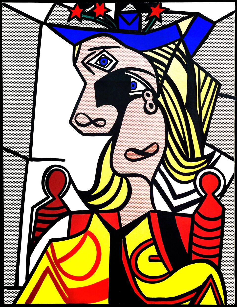 Ilustracja przedstawia dzieło Roya Lichtensteina „Kobieta w kapeluszu z kwiatami” o kształcie pionowego prostokąta. Ukazuje zdeformowany portret kobiety w niebieskim kapeluszu z kwiatami. Jej twarz dzieli się na dwie, przesunięte względem siebie części. Ubrana jest w czerwono‑żółtą szatę, zza której widoczne są po bokach wystające fragmenty krzesła. Tło jest biało‑szare. Kobieta i tło podzielone są na geometryczne kształty i podkreślone czarną konturową linią.   