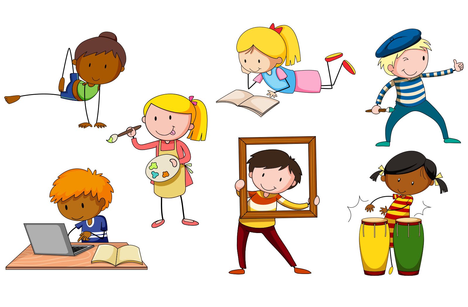 Ilustracja przedstawia schematyczne rysunki kilkorga dzieci, realizujących różne pasje. Na rysunku widzimy dziewczynkę przyjmującą złożoną pozycję jogi, dziewczynkę w fartuszku z paletą i pędzlem, leżącą dziewczynkę zapatrzoną w książkę, chłopca w berecie z pędzlem, który kciukiem mierzy proporcje, chłopca siedzącego przed książką i laptopem, chłopca spoglądającego przez drewnianą ramkę, którą trzyma oburącz, dziewczynkę grającą oburącz na dwóch bębnach. 